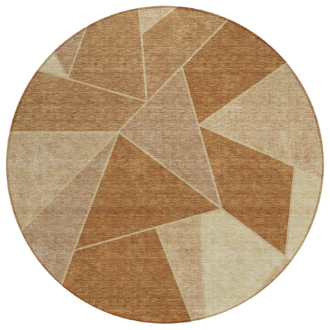 8' Orange Copper And Beige Round Geometric Washable Indoor Outdoor Area Rug