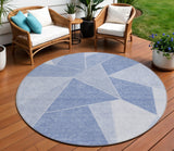 8' Sky Blue And Denim Blue Round Geometric Washable Indoor Outdoor Area Rug