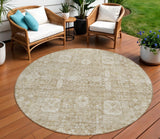 8' Beige Tan And Ivory Round Oriental Washable Indoor Outdoor Area Rug