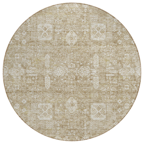 8' Beige Tan And Ivory Round Oriental Washable Indoor Outdoor Area Rug