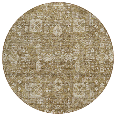 8' Brown Beige And Ivory Round Oriental Washable Indoor Outdoor Area Rug