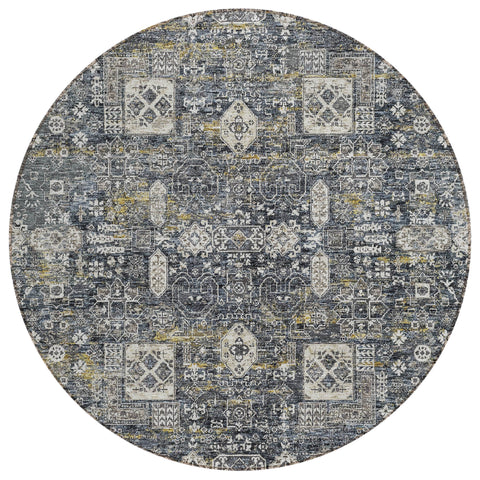 8' Charcoal Gray And Ivory Round Oriental Washable Indoor Outdoor Area Rug