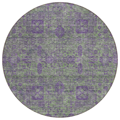 8' Fern Green And Purple Round Oriental Washable Indoor Outdoor Area Rug