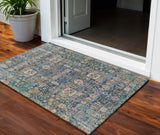 3' X 5' Green Navy Blue And Ivory Oriental Washable Indoor Outdoor Area Rug