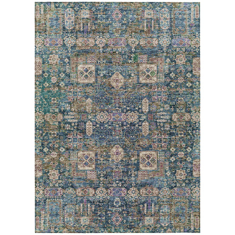 3' X 5' Green Navy Blue And Ivory Oriental Washable Indoor Outdoor Area Rug
