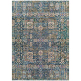 8' X 10' Green Navy Blue And Ivory Oriental Washable Indoor Outdoor Area Rug