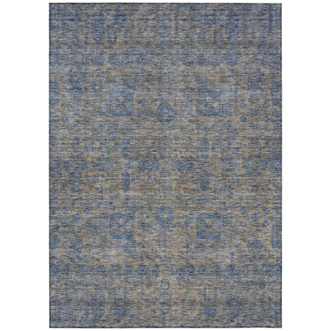 3' X 5' Khaki And Denim Blue Oriental Washable Indoor Outdoor Area Rug