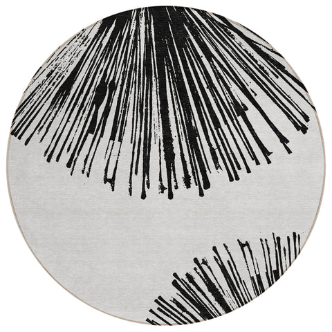 8' Black And Ivory Round Abstract Washable Indoor Outdoor Area Rug