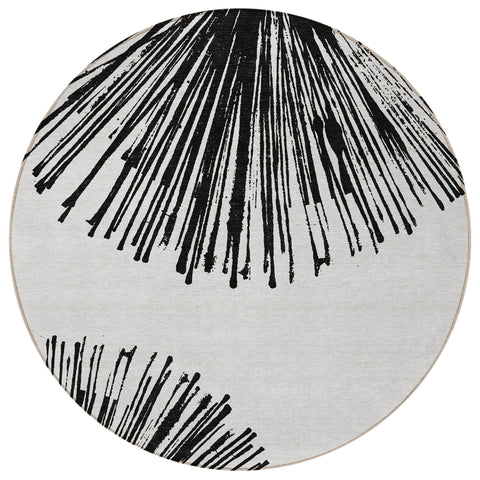 8' Black And Ivory Round Abstract Washable Indoor Outdoor Area Rug
