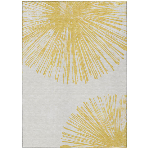 3' X 5' Gold And Ivory Abstract Washable Indoor Outdoor Area Rug