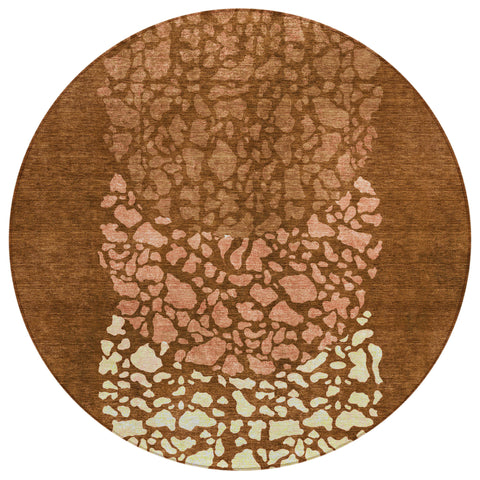 8' Orange Terra Cotta And Ivory Round Abstract Washable Indoor Outdoor Area Rug