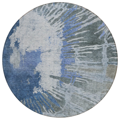 8' Denim Blue And Navy Blue Round Abstract Washable Indoor Outdoor Area Rug