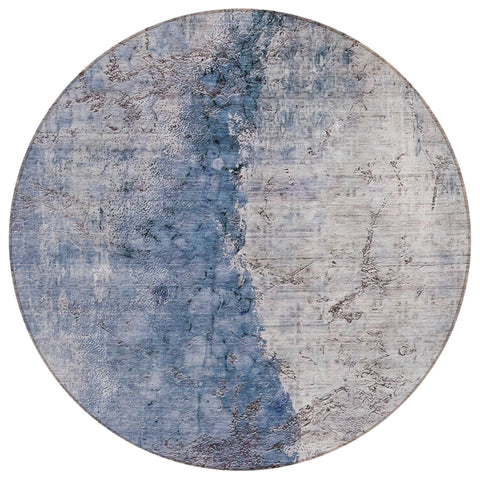 8' Navy Blue And Gray Round Abstract Washable Indoor Outdoor Area Rug