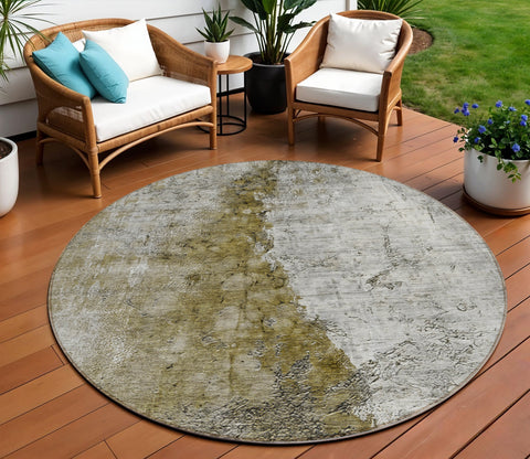 8' Brown Gray And Silver Round Abstract Washable Indoor Outdoor Area Rug