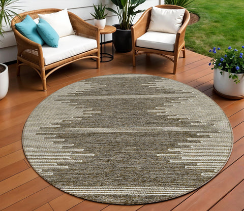 8' Coffee And Ivory Round Abstract Washable Indoor Outdoor Area Rug