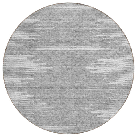 8' Gray And Ivory Round Abstract Washable Indoor Outdoor Area Rug