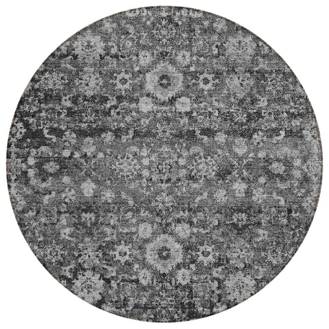 8' Gray Charcoal And Silver Round Oriental Washable Indoor Outdoor Area Rug