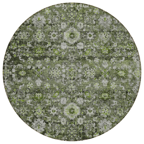 8' Green And Olive Green Round Oriental Washable Indoor Outdoor Area Rug