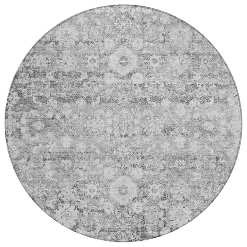8' Silver Gray And Pewter Round Oriental Washable Indoor Outdoor Area Rug