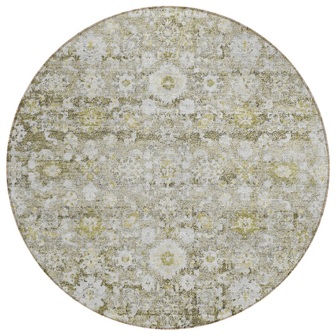 8' Taupe Beige And Gold Round Oriental Washable Indoor Outdoor Area Rug