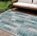 8' X 10' Dark Blue Aqua And Gray Geometric Washable Indoor Outdoor Area Rug