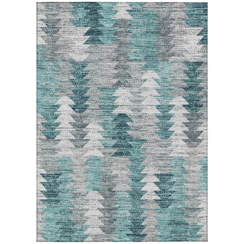 8' X 10' Dark Blue Aqua And Gray Geometric Washable Indoor Outdoor Area Rug