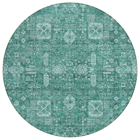 8' Dark Green And Aqua Round Oriental Washable Indoor Outdoor Area Rug