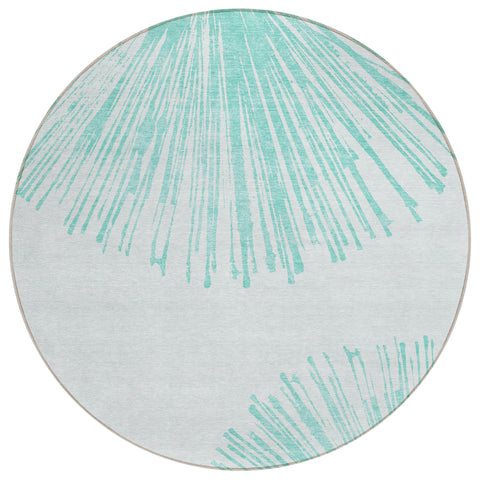 8' Aquamarine And Ivory Round Abstract Washable Indoor Outdoor Area Rug