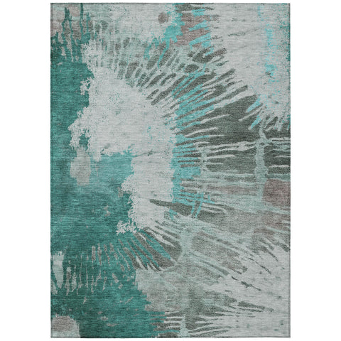 5' X 8' Dark Green Aqua And Gray Abstract Washable Indoor Outdoor Area Rug