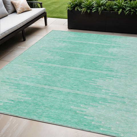 5' X 8' Aquamarine And Ivory Abstract Washable Indoor Outdoor Area Rug
