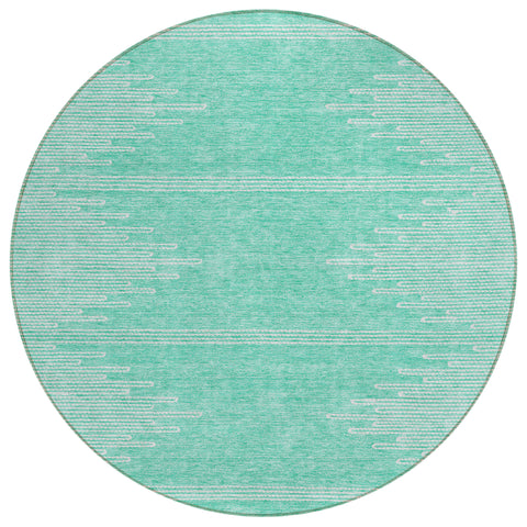 8' Aquamarine And Ivory Round Abstract Washable Indoor Outdoor Area Rug