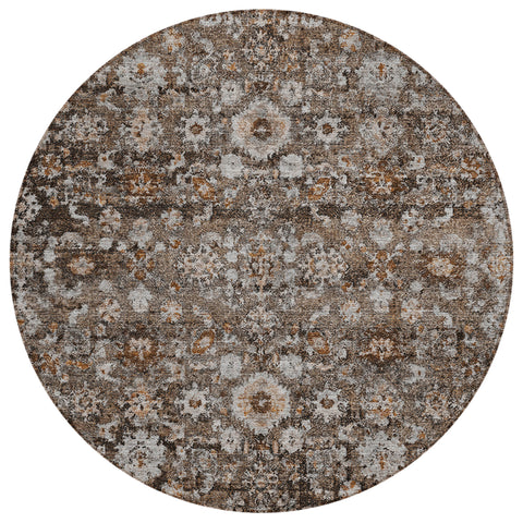 8' Dark Brown Brown And Taupe Round Oriental Washable Indoor Outdoor Area Rug
