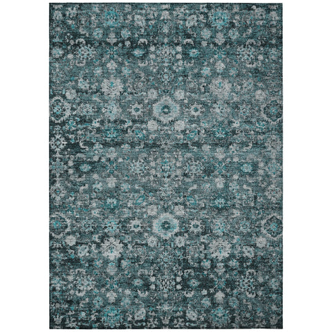 5' X 8' Dark Green Aqua And Charcoal Oriental Washable Indoor Outdoor Area Rug