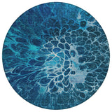 8' Navy Blue And Sky Blue Round Abstract Washable Indoor Outdoor Area Rug