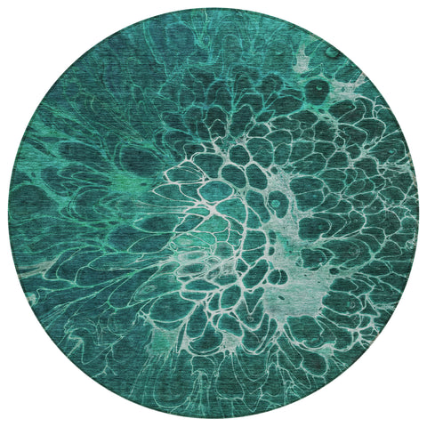 8' Teal Blue Aqua And Turquoise Round Abstract Washable Indoor Outdoor Area Rug