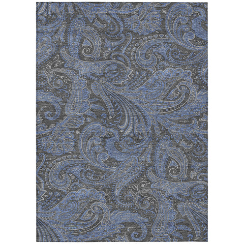 5' X 8' Charcoal Gray And Blue Paisley Washable Indoor Outdoor Area Rug