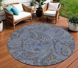 8' Charcoal Gray And Blue Round Paisley Washable Indoor Outdoor Area Rug