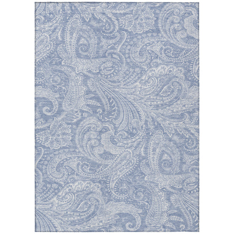 5' X 8' Denim Blue Sky Blue And Ivory Paisley Washable Indoor Outdoor Area Rug