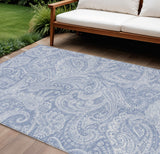 8' X 10' Denim Blue Sky Blue And Ivory Paisley Washable Indoor Outdoor Area Rug