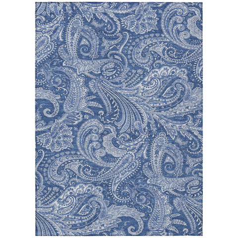 8' X 10' Navy Blue And Denim Blue Paisley Washable Indoor Outdoor Area Rug