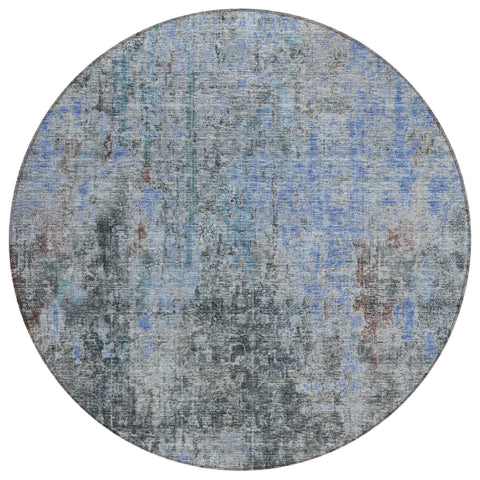 8' Gray Charcoal And Blue Round Abstract Washable Indoor Outdoor Area Rug
