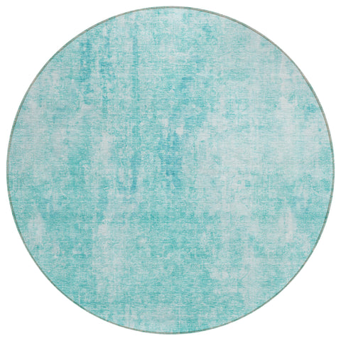 8' Teal Blue And Ivory Round Abstract Washable Indoor Outdoor Area Rug