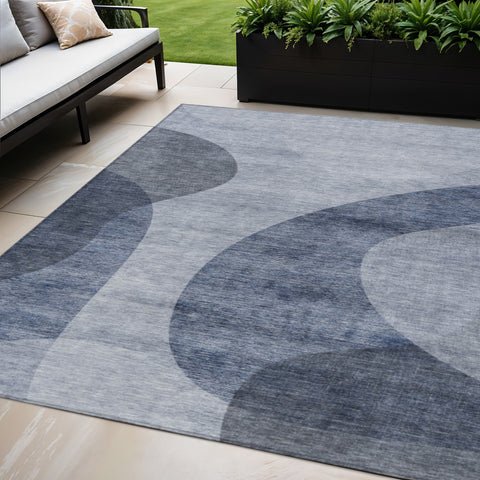 5' X 8' Denim Blue And Sky Blue Abstract Washable Indoor Outdoor Area Rug