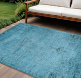8' X 10' Denim Blue And Navy Blue Oriental Washable Indoor Outdoor Area Rug