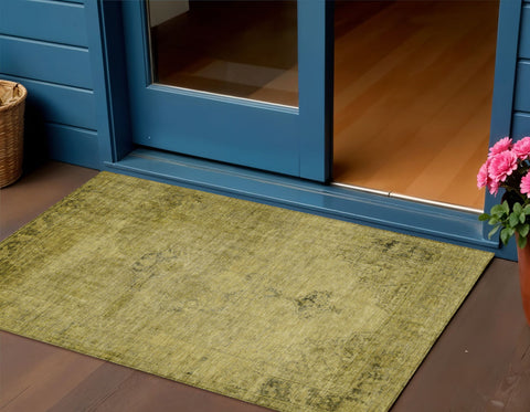 3' X 5' Gold Brown And Wheat Oriental Washable Indoor Outdoor Area Rug