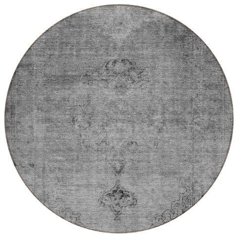 8' Gray Silver And Charcoal Round Oriental Washable Indoor Outdoor Area Rug