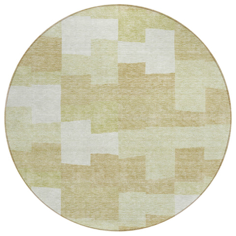 8' Beige Ivory And Brown Round Geometric Washable Indoor Outdoor Area Rug