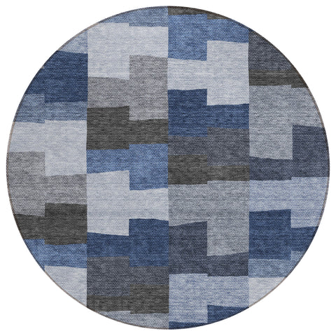 8' Navy Blue And Sky Blue Round Geometric Washable Indoor Outdoor Area Rug