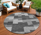 8' Gray Silver And Charcoal Round Geometric Washable Indoor Outdoor Area Rug