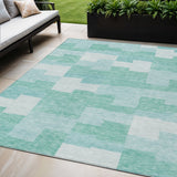 5' X 8' Teal Blue And Aqua Geometric Washable Indoor Outdoor Area Rug
